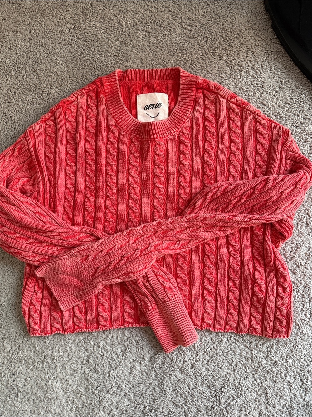 aerie red cropped Cable-Knit Crew Sweater